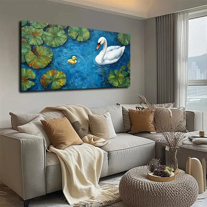 Realistic Swan Floating Water Wall Art Canvas Office Home Room Framed 120x60cm - Bella Home Decor