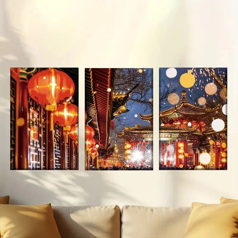 3pcs New Year'S Scene Wall Art Set Canvas Framed 60x90cm - High Quality Print 100% Australian Made Wall Canvas Ready to Hang
