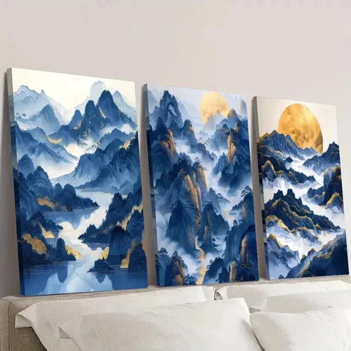 3pcs Mountains River and Golden Moon  Wall Art Set Canvas Unframed - High Quality Print 100% Australian Made Wall Canvas