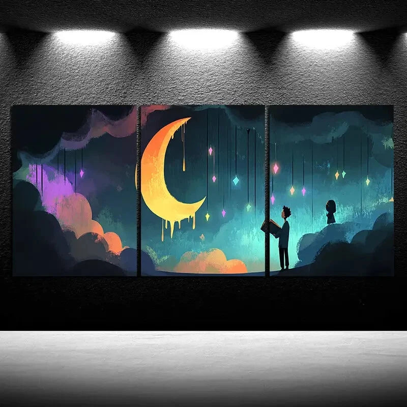 3pcs People Read Under The Moon Metal Print Ready to Hang Art - Bella Home Decor