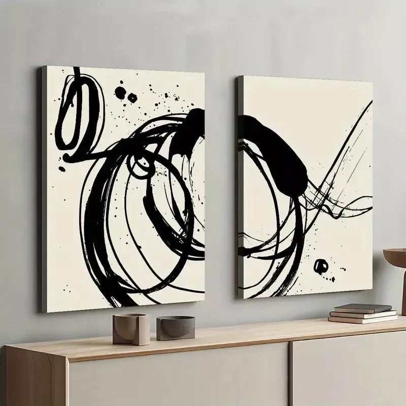 2 Piece Abstract Black Ink Art Framed 50x75cm - High Quality Print 100% Australian Made Wall Canvas Ready to Hang