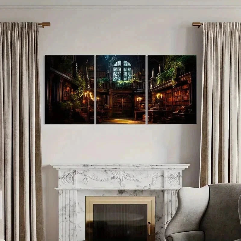 3pcs Gothic Library Bookshelves & Candles Wall Art Set Canvas Framed 60x90cm - High Quality Print 100% Australian Made Wall Canvas Ready to Hang - Bella Home Decor