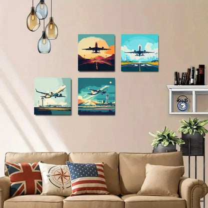 4pcs Vintage Abstract Airplane Landing Theme Wall Art Canvas Framed