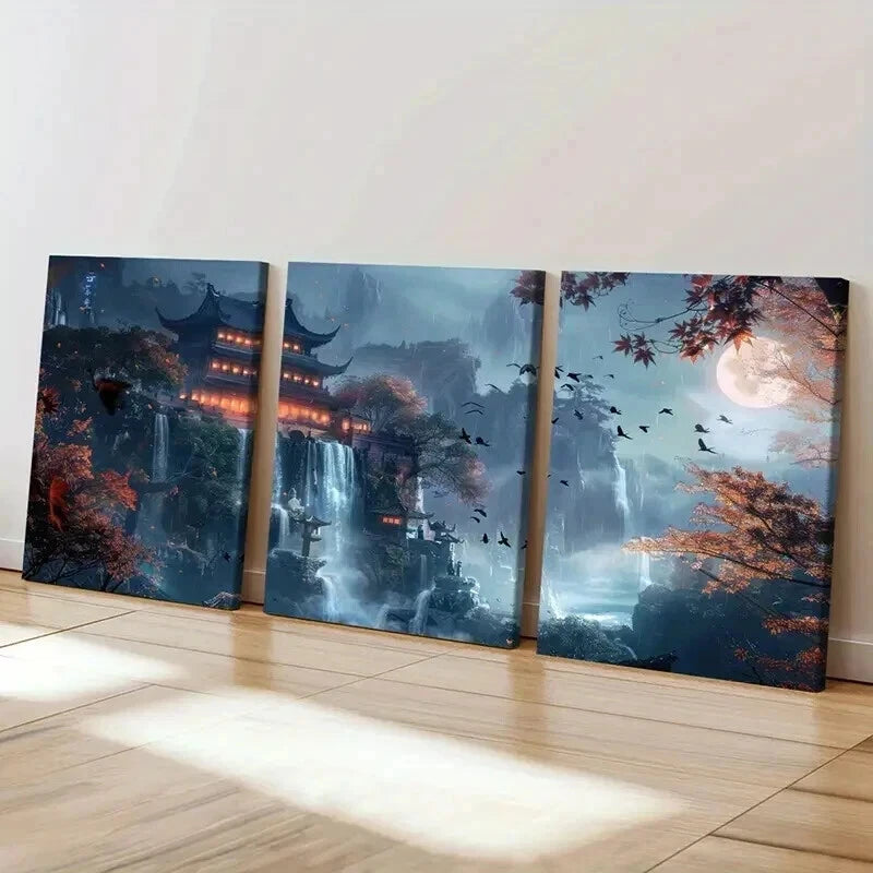 3pcs Waterfall & Traditional Architecture Wall Art Set Canvas Framed 60x90cm - High Quality Print 100% Australian Made Wall Canvas Ready to Hang - Bella Home Decor