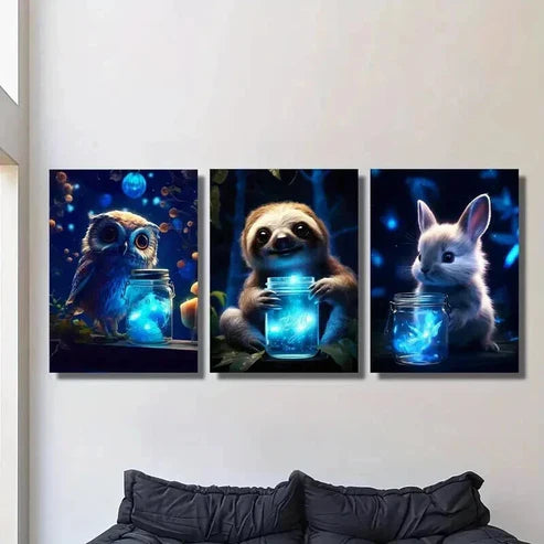 3pcs Luminous Magic Owls Sloths & Rabbits Wall Art Set Canvas Unframed - High Quality Print 100% Australian Made Wall Canvas