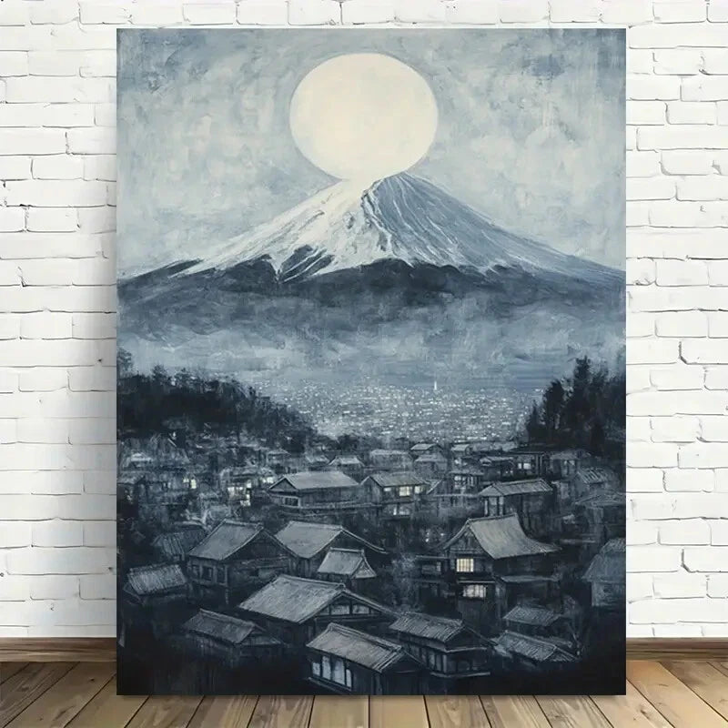 Beautiful Moon Over Traditional Village Painting 40x60cm Metal Print Ready to Hang - Bella Home Decor