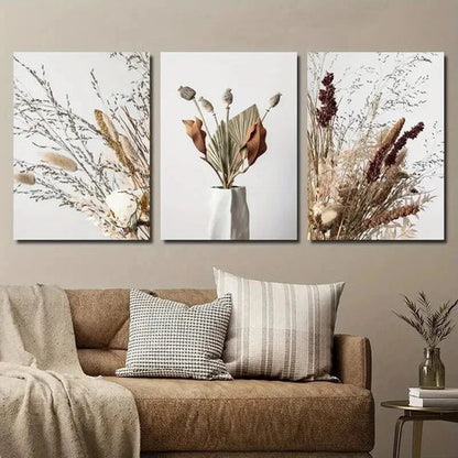 3pcs Flower Art in a Vase Dried Flowers Wall Art Set Canvas Unframed - High Quality Print 100% Australian Made Wall Canvas - Bella Home Decor