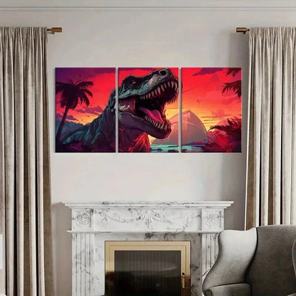 3pcs Vibrant T-Rex & Prehistoric Jungle Scene Wall Art Set Canvas Framed 60x90cm - High Quality Print 100% Australian Made Wall Canvas Ready to Hang - Bella Home Decor