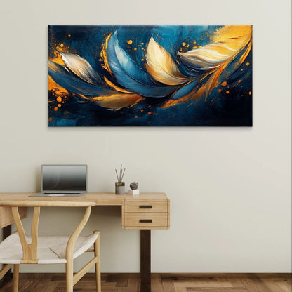 Modern Abstract Blue and Gold Feathers Wall Art Canvas Office Home Framed 120x60cm