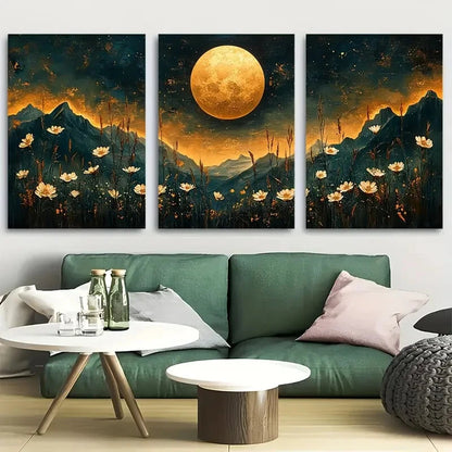 3pcs Full Moon Floral Night Sky White Perfect Wall Art Set Canvas Framed 40x60cm - High Quality Print 100% Australian Made Wall Canvas Ready to Hang - Bella Home Decor