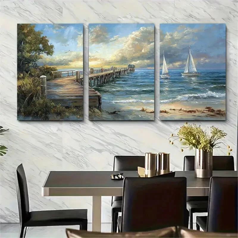 3pcs Seaside Nautical Scene Seaside Metal Print Ready to Hang Art - Bella Home Decor
