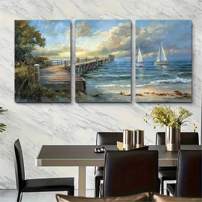 3pcs Seaside Nautical Scene Seaside Metal Print Ready to Hang Art - Bella Home Decor