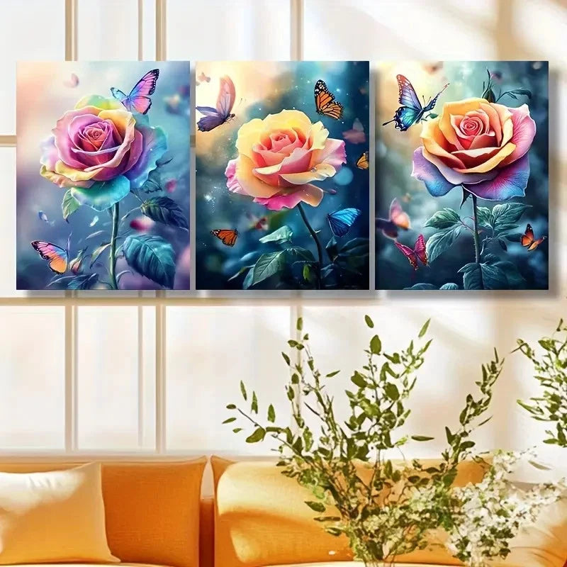 3pcs Vibrant Rose & Butterfly Design Wall Art Set Canvas Framed 60x90cm - High Quality Print 100% Australian Made Wall Canvas Ready to Hang