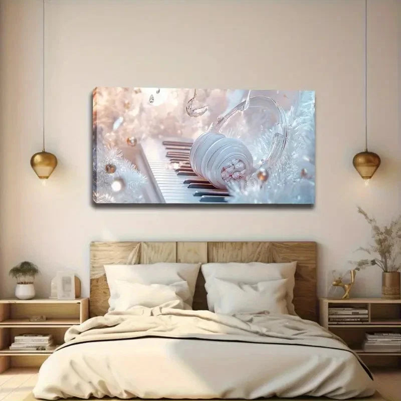 Serene White Piano & Headphone Wall Art Canvas Office Home Room Framed 120x60cm