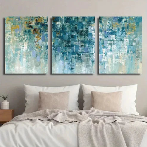 3pcs Abstract Geometric Golden and Cyan Texture Wall Art Set Canvas Unframed - High Quality Print 100% Australian Made Wall Canvas