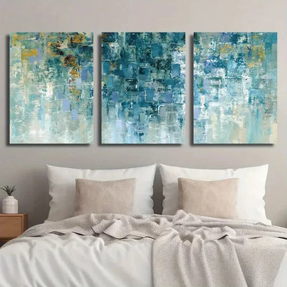 3pcs Abstract Geometric Golden and Cyan Texture Wall Art Set Canvas Unframed - High Quality Print 100% Australian Made Wall Canvas