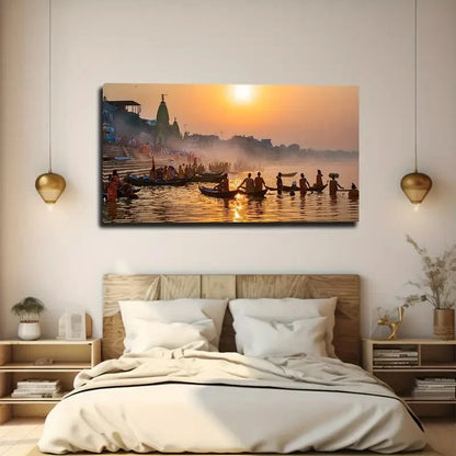 Gondolas On The Ganges Wall Art Canvas Office Home Room Framed 120x60cm