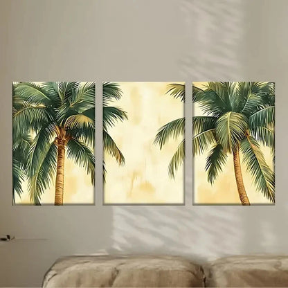 3pcs Palm Trees on a Yellow Background Wall Art Set Canvas Framed 50x70cm - High Quality Print 100% Australian Made Wall Canvas Ready to Hang