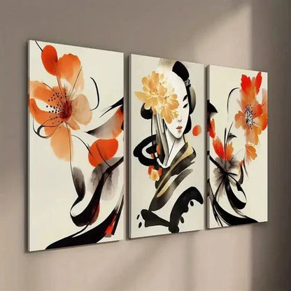 3pcs Ancient Style Woman and Flowers Wall Art Set Canvas Unframed - High Quality Print 100% Australian Made Wall Canvas - Bella Home Decor