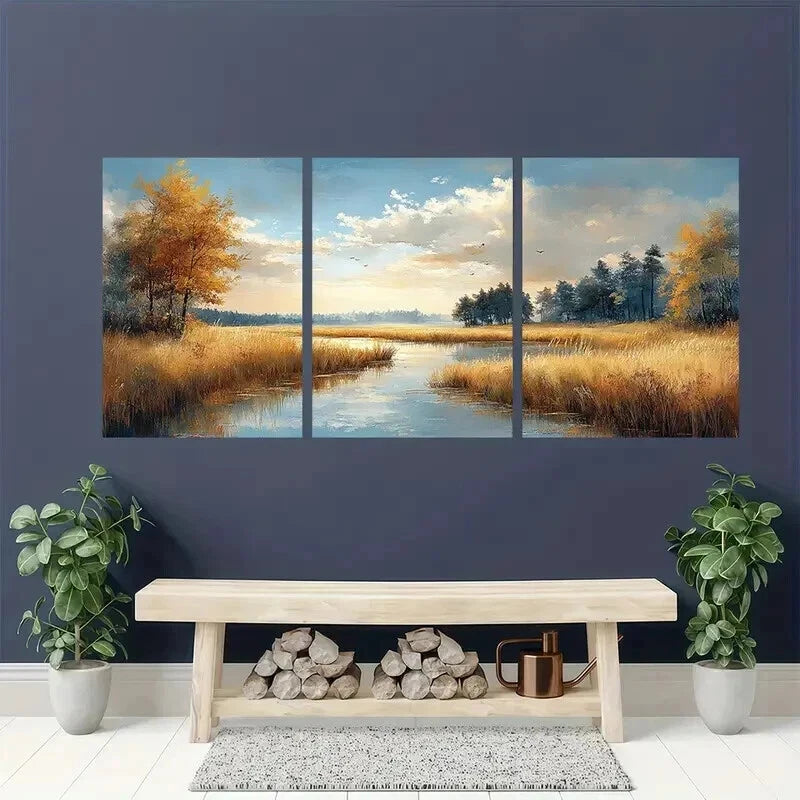 3pcs Sunlit Grasslands Trees & Reflections Wall Art Set Canvas Framed 60x90cm - High Quality Print 100% Australian Made Wall Canvas Ready to Hang - Bella Home Decor