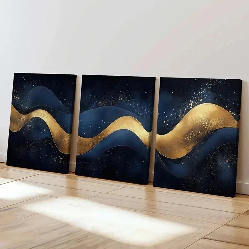 3pcs Golden Waves Dark Sky Sparkling Stars Wall Art Set Canvas Framed 60x90cm - High Quality Print 100% Australian Made Wall Canvas Ready to Hang - Bella Home Decor