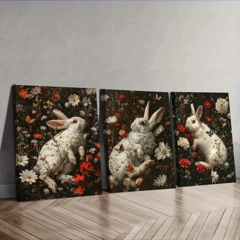 3pcs Whimsical Rabbit & Floral Design Wall Art Set Canvas Framed 40x60cm - High Quality Print 100% Australian Made Wall Canvas Ready to Hang