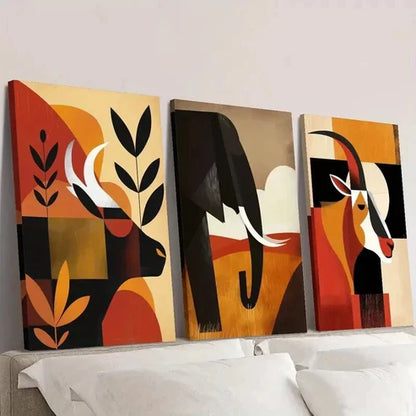 3pcs Cattle Goat & Elephant Geometric Design Wall Art Set Canvas Unframed - High Quality Print 100% Australian Made Wall Canvas - Bella Home Decor