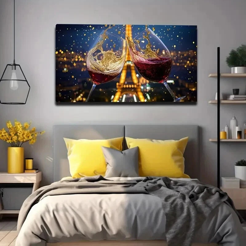 Romantic Eiffel Tower Wine Wall Art Canvas Office Home Room Framed 120x60cm - Bella Home Decor