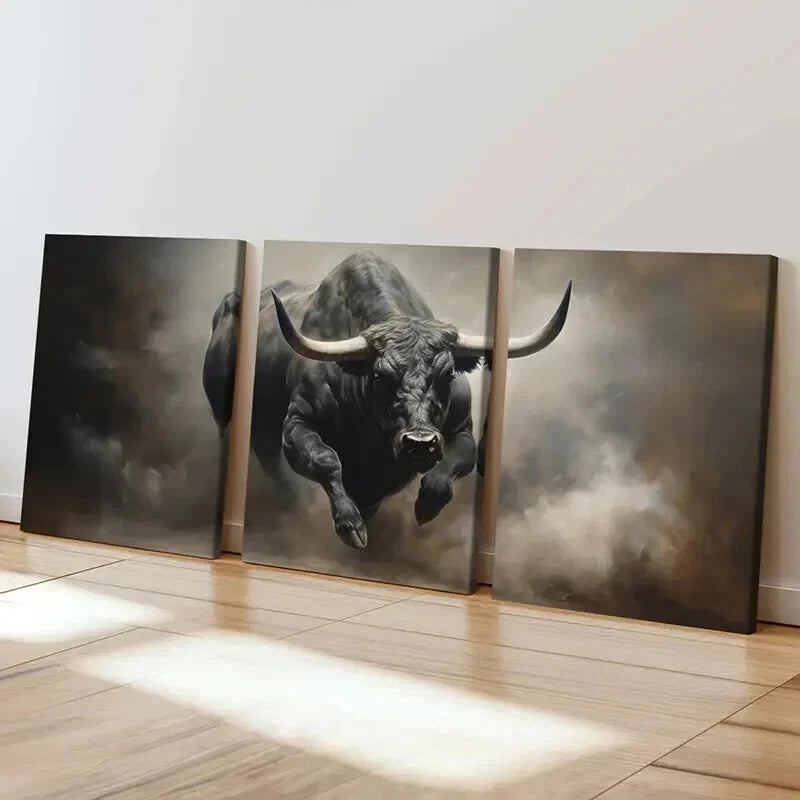 3pcs Black Bison Bull Cow Retro Farmhouse  Wall Art Set Canvas Framed 40x60cm - High Quality Print 100% Australian Made Wall Canvas Ready to Hang - Bella Home Decor