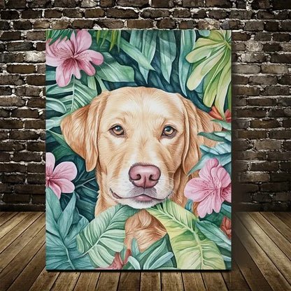 Vibrant Tropical Flowers & Labrador Retriever Dog 40x60cm Metal Print Ready to Hang - Bella Home Decor