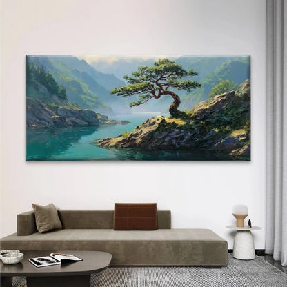 Mountain Landscape with Bonsai Wall Art Canvas Office Home Room Framed 120x60cm