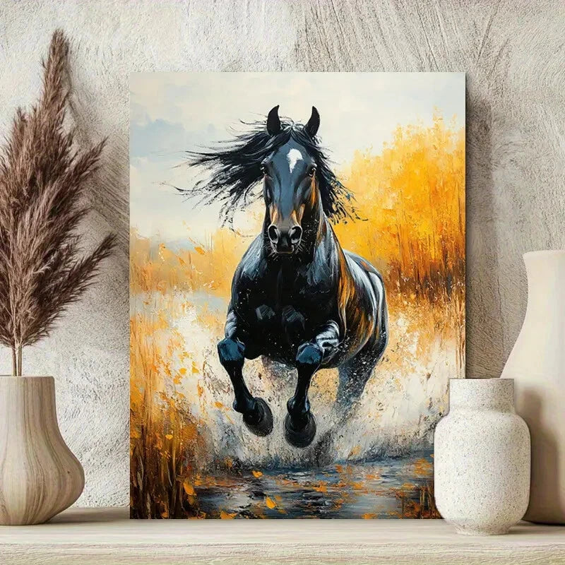 Black Horse In Motion Vibrant Brushstrokes Painting 40x60cm Metal Print Ready to Hang