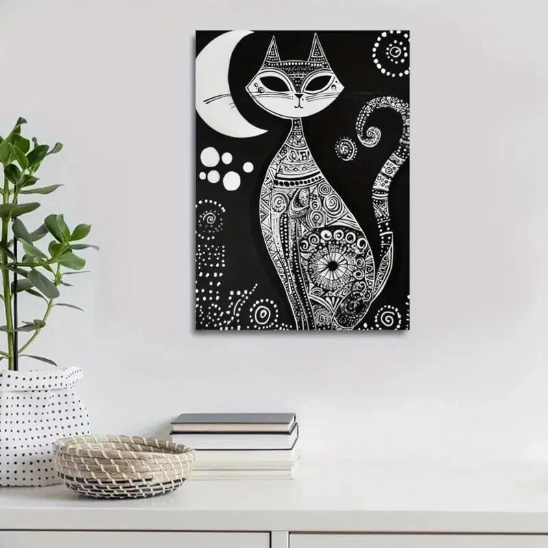 Bohemian Black and White Cat Moon Painting 40x60cm Metal Print Ready to Hang - Bella Home Decor