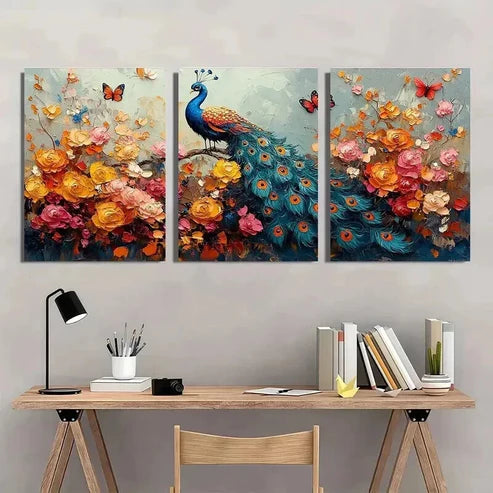 3pcs Colorful Pea Rooster Flowers & Butterflies Wall Art Canvas Unframed - High Quality Print 100% Australian Made Wall Canvas - Bella Home Decor