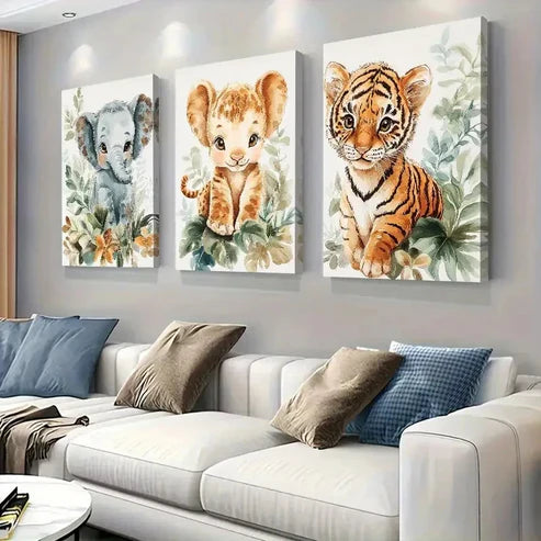 3pcs Baby Elephant, Lion Cub, and Tiger Wall Art Canvas Unframed - High Quality Print 100% Australian Made Wall Canvas