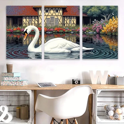 3pcs White Swan & Floral Cottage Scene Wall Art Set Canvas Framed 40x60cm - High Quality Print 100% Australian Made Wall Canvas Ready to Hang