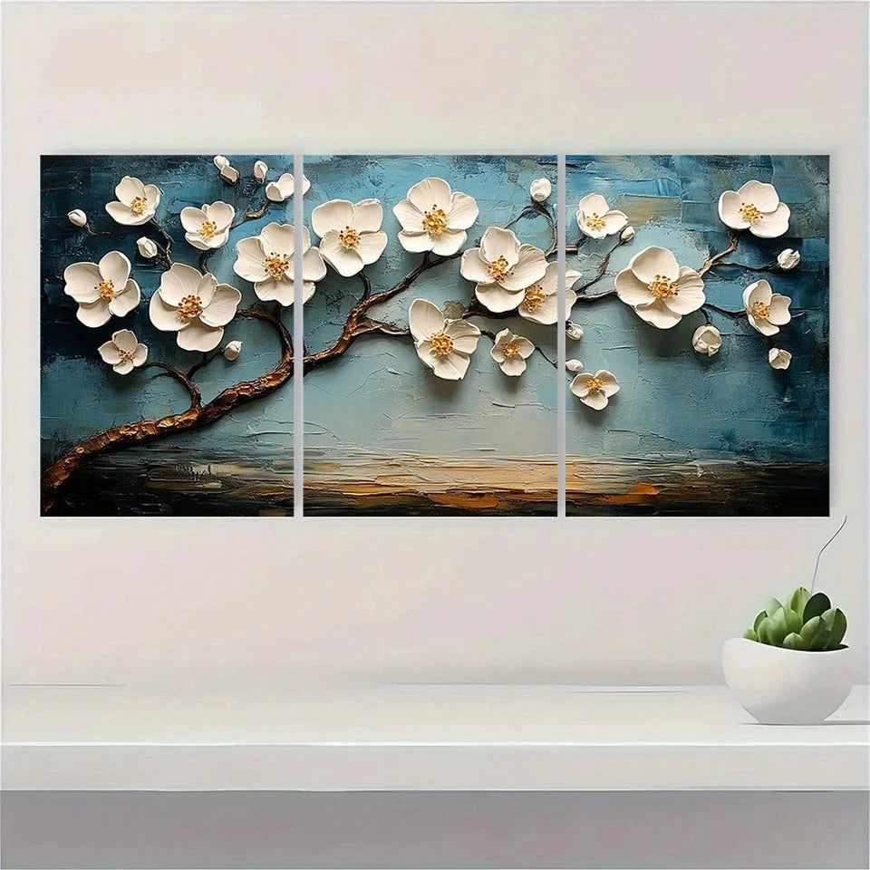 3pcs White Blossom Tree Painting Textured Metal Print Ready to Hang Art - Bella Home Decor