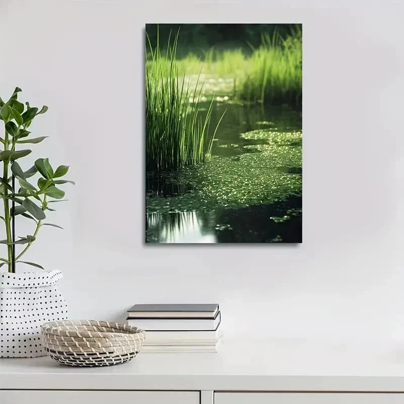 Green Aquatic Grassland Water Lily Painting 40x60cm Metal Print Ready to Hang - Bella Home Decor