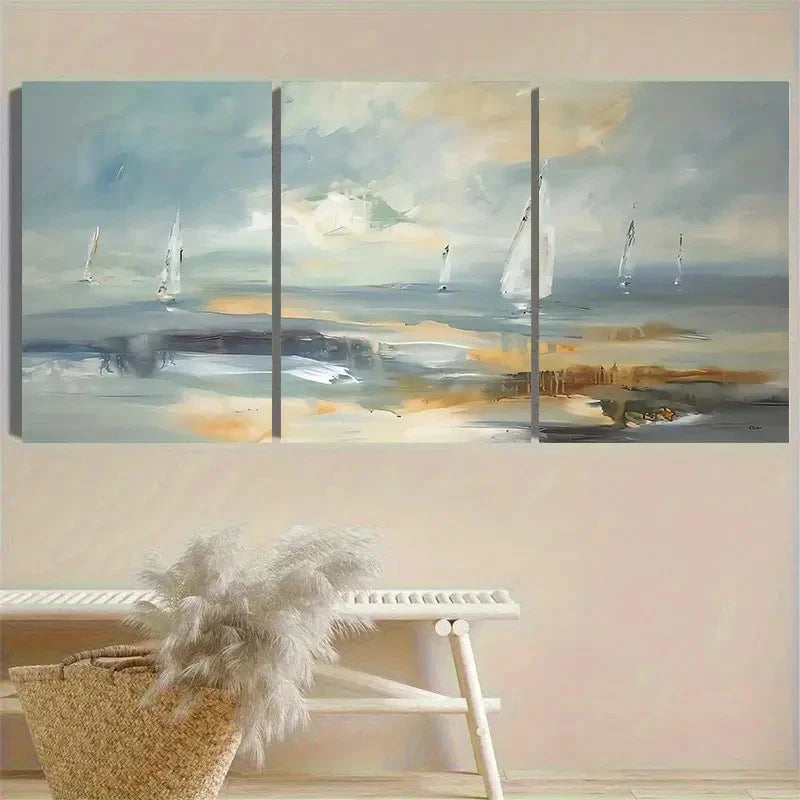 3pcs Seascape with Sailboats Vintage Wall Art Set Canvas Framed 40x60cm - High Quality Print 100% Australian Made Wall Canvas Ready to Hang