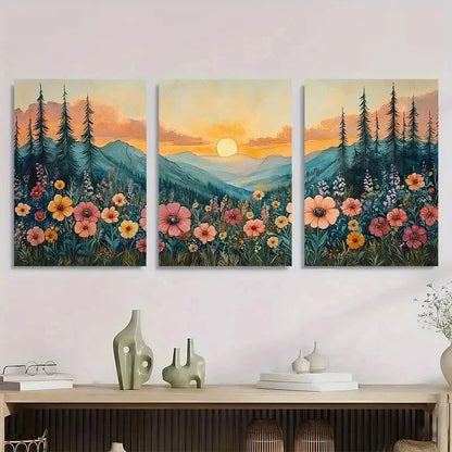 3pcs Gunnison Forest Wildflowers Sunrise Perfect Wall Art Set Canvas Framed 50x70cm - High Quality Print 100% Australian Made Wall Canvas Ready to Hang