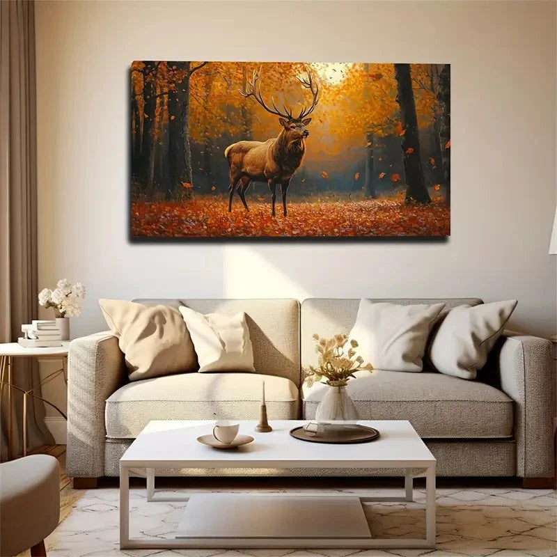Autumn Leaves & Reindeer Forest Wall Art Canvas Office Home Room Framed 120x60cm