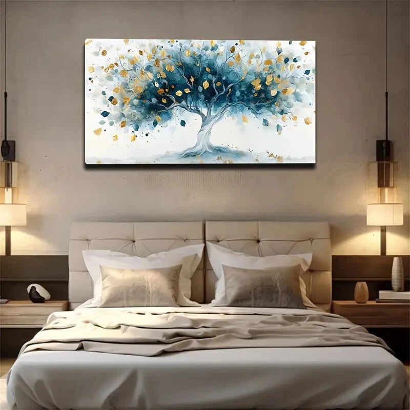 Blue and Golden Tree Abstract Wall Art Canvas Office Home Room Framed 120x60cm - Bella Home Decor