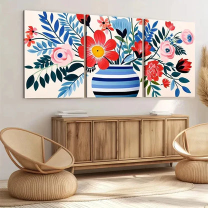 3pcs Matisse Style Vase Wild Flowers Red & Blue Wall Art Set Canvas Unframed - High Quality Print 100% Australian Made Wall Canvas