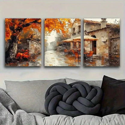 3pcs Autumn Townscape Painting Wall Art Set Canvas Unframed - High Quality Print 100% Australian Made Wall Canvas - Bella Home Decor