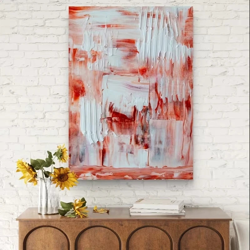 Vibrant Red, White & Gray Thick Textured Abstract  60x90cm Metal Print Ready to Hang