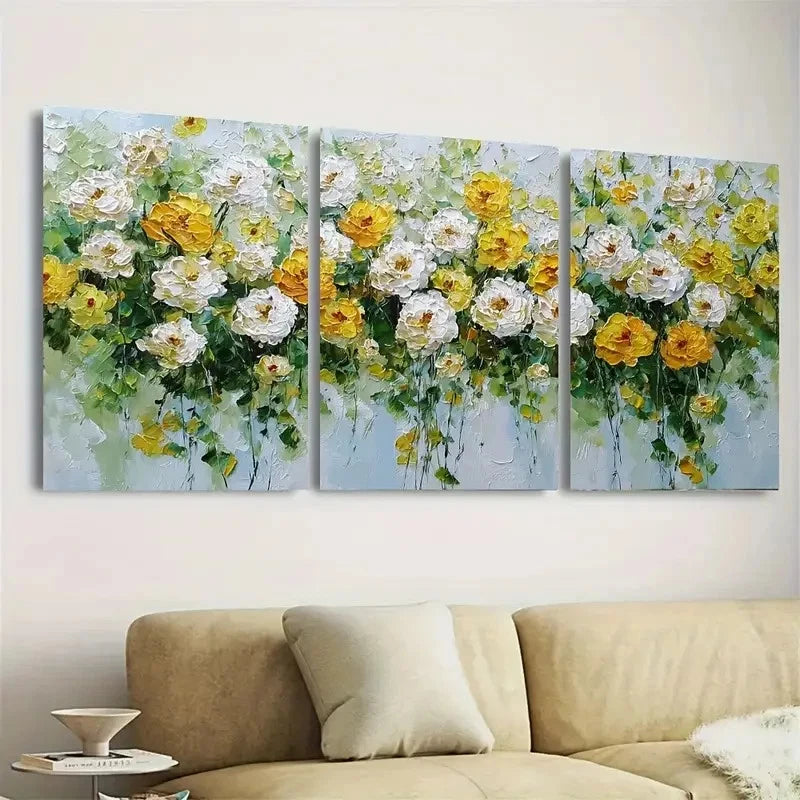 3pcs Peony Yellow and White Floral Impressionist Wall Art Set Canvas Framed 40x60cm - High Quality Print 100% Australian Made Wall Canvas Ready to Hang