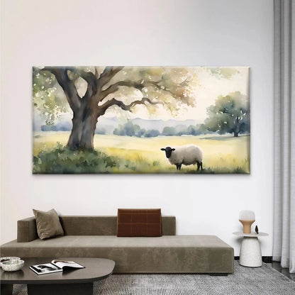 Sheep Under Tree Meadow Wall Art Canvas Office Home Room Framed 120x60cm