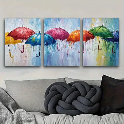 3pcs Rainy Day Umbrella Scene Colorful Perfect Wall Art Set Canvas Unframed - High Quality Print 100% Australian Made Wall Canvas