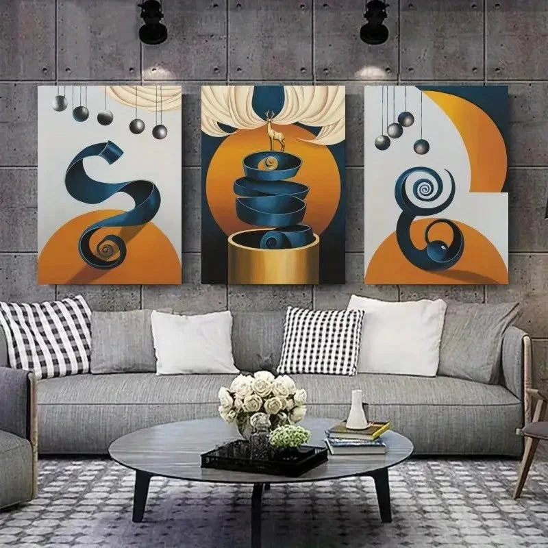 3pcs  Abstract Sculpture Blue, Orange & Golden Wall Art Set Canvas Framed 50x70cm - High Quality Print 100% Australian Made Wall Canvas Ready to Hang - Bella Home Decor
