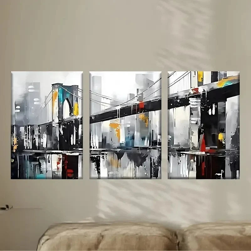 3pcs a painting of a cityscape with a bridge Wall Art Set Canvas Framed 40x60cm - High Quality Print 100% Australian Made Wall Canvas Ready to Hang - Bella Home Decor
